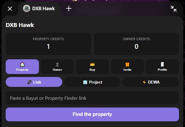 The DXB Hawk Mini App open on the property search tab