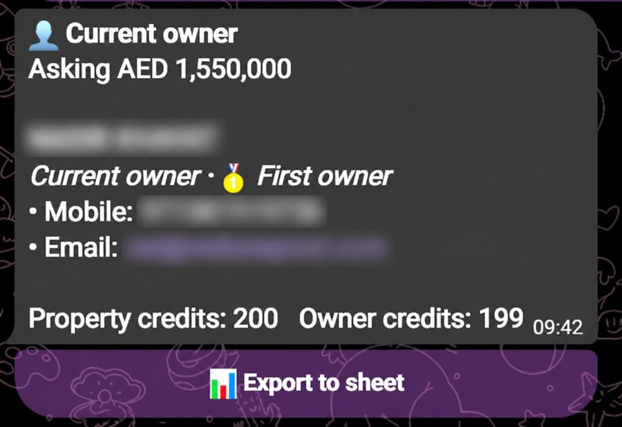 An owner result with the name, mobile and email blurred out
