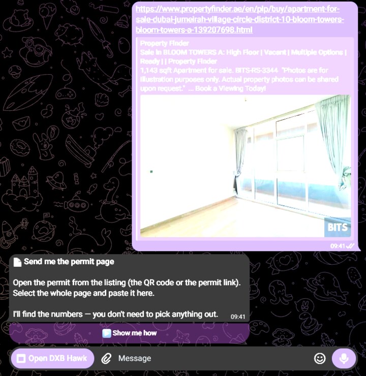 A listing link pasted into the DXB Hawk chat