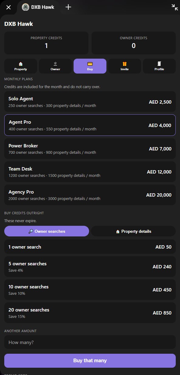 The buy screen in the app listing every plan and credit pack