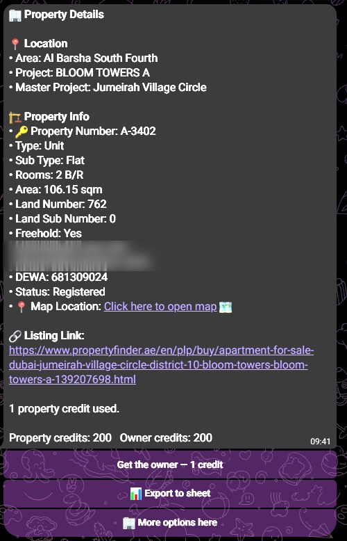 A finished property lookup showing location and property details